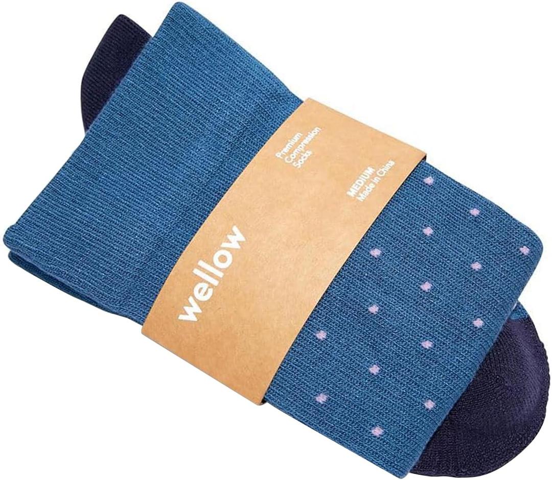 Wellow Premium Socks (Compression Socks - Regular) for Men & Women, Made with Viscose from Bamboo, Knee High, 18-25 mmHg (Medium, Cobalt - Dot)