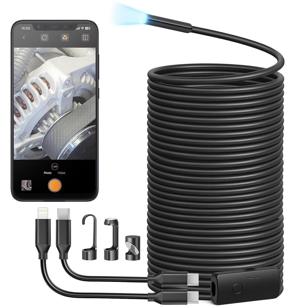 Anykit Endoscope Camera with Light, 1920P HD Borescope with 8 Adjustable LED Lights, Semi-Rigid Snake Camera with Light, IP67 Waterproof Inspection Cam for iPhone & Android, 50 ft Single Lens