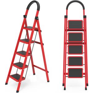 5 Step Folding Ladder, Portable and Compact, Anti-Slip Multi-Use Household Step Ladder for Home, Kitchen, Office, and Garage Easy Storage, Sturdy and Durable