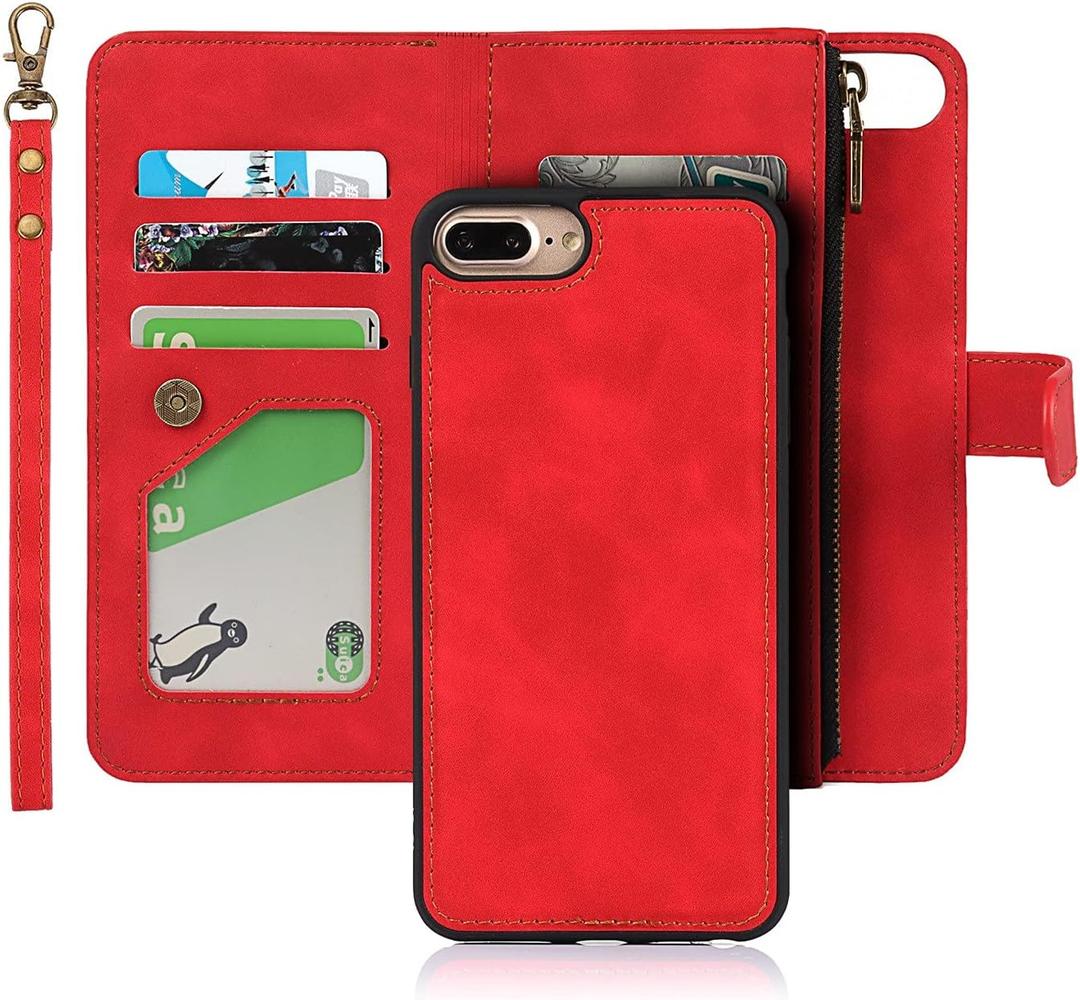 iCoverCase for iPhone 8 Plus/7 Plus/6s Plus/6 Plus Wallet Case with Card Holder and Wrist Strap, PU Leather Kickstand Card Slots Magnetic [Detachable] Flip Cover Case 5.5 Inch (Red)