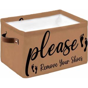 Please Remove Your Shoes Storage Basket Waterproof Cube Storage Bin Organizer with Handles, Farmhouse Brown Collapsible Storage Cubes Bins for Clothes Books Toys 15"x11"x9.5"