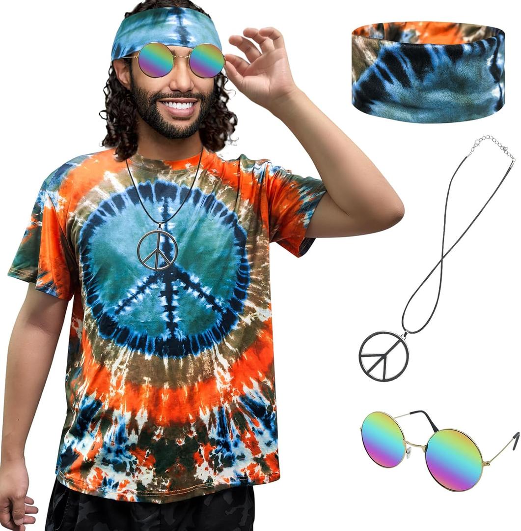 Hippie Costume for Men Women 60s and 70s colorful T-Shirt Sunglasses Headband Peace Necklace 4-Piece Theme Party (Small)