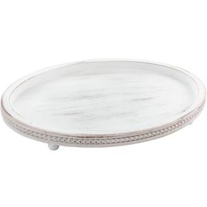 Wooden Oval Decorative Tray for Coffee Table, Kitchen, Dining, Entryway - Small Beaded Farmhouse Centerpiece for Holidays - Weathered White