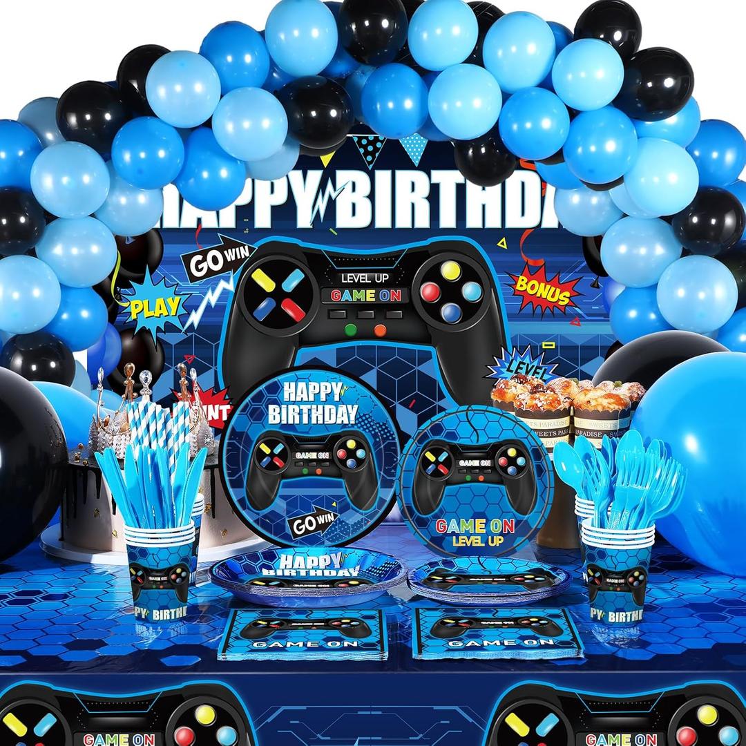 Tatuo 152 Pieces Video Game Birthday Party Supplies Gamer Party Table Cover Happy Birthday Backdrop Banner Tableware Balloons Sets for Boys Men Theme Party Decoration (Blue)