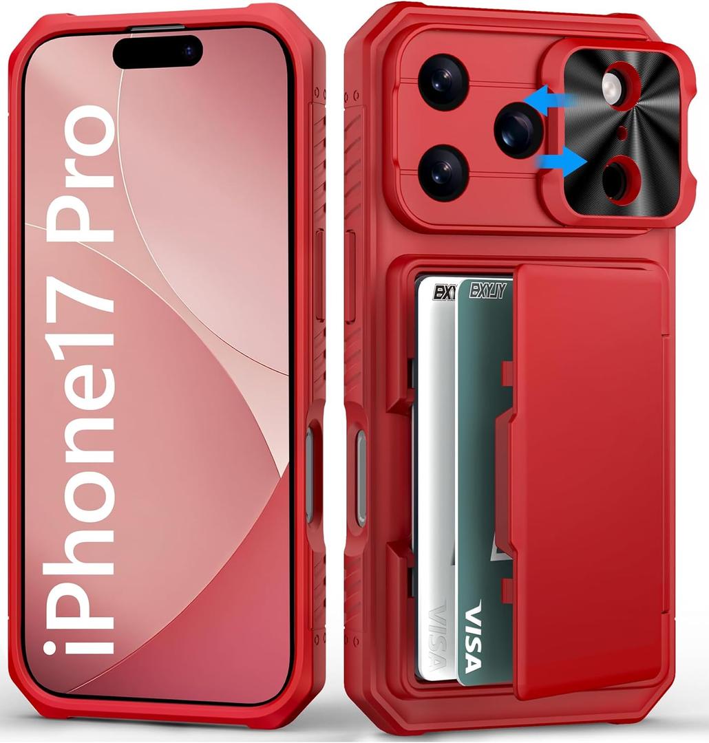 Wallet Case for iPhone 17 Pro, Card Holder (4-5 Cards), Slide Camera Cover, Military Grade Protection, Heavy Duty Women Girly Men Protective Phone Cover for iPhone 17 Pro 6.3" 2025, Red