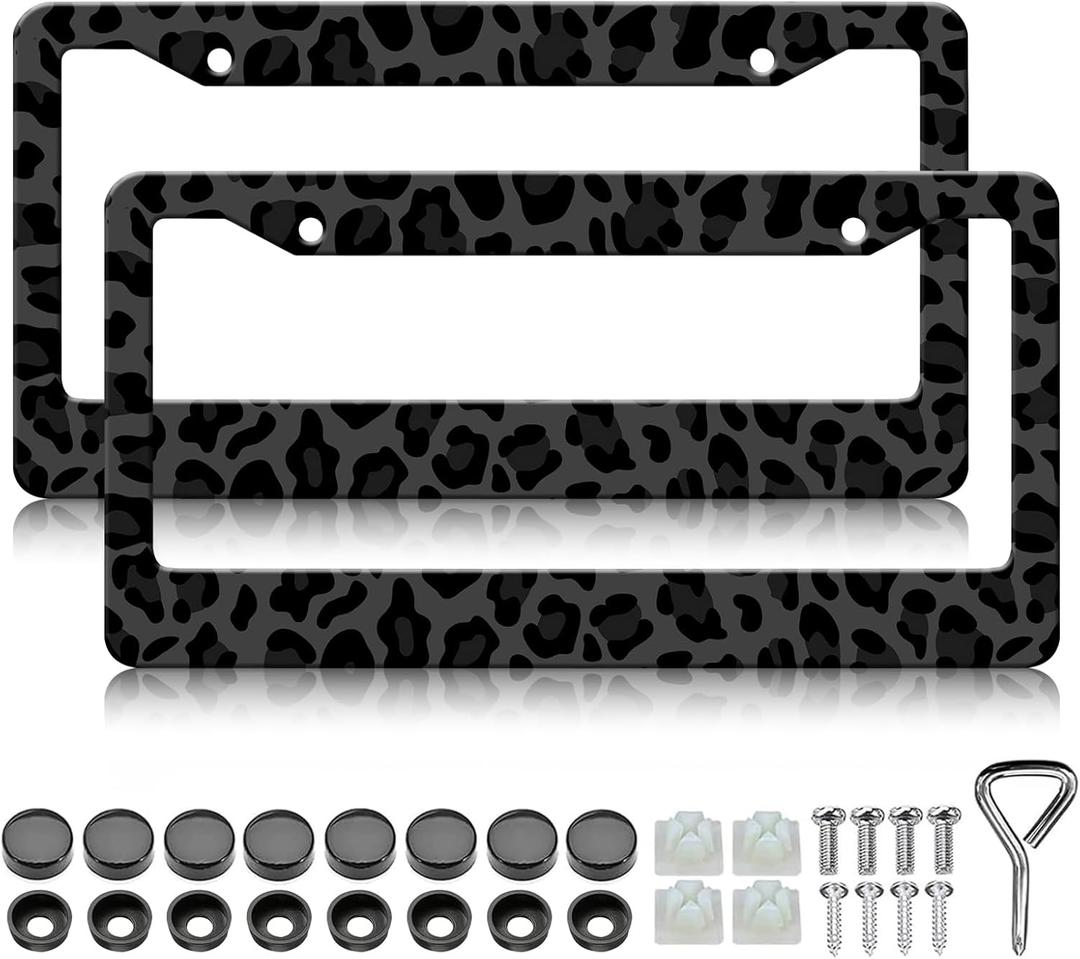 Black Leopard Print License Plate Frames - 2 Pack Animal Cheetah Print License Plate Holder Covers, Aluminum Metal Rust-Proof Waterproof Car Tag Frame with Screws Fasteners Caps