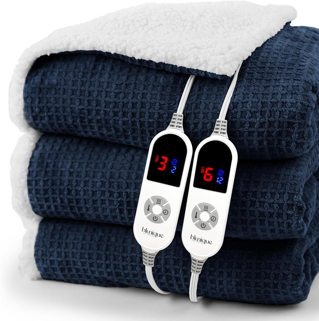 blunique Heated Blanket Electric Blanket Queen Waffle,84x90 Inches Sherpa Fleece Fast Heating Blanket 6 Heating Levels & 10 Hours Auto Off ETL Certification, Navy Queen