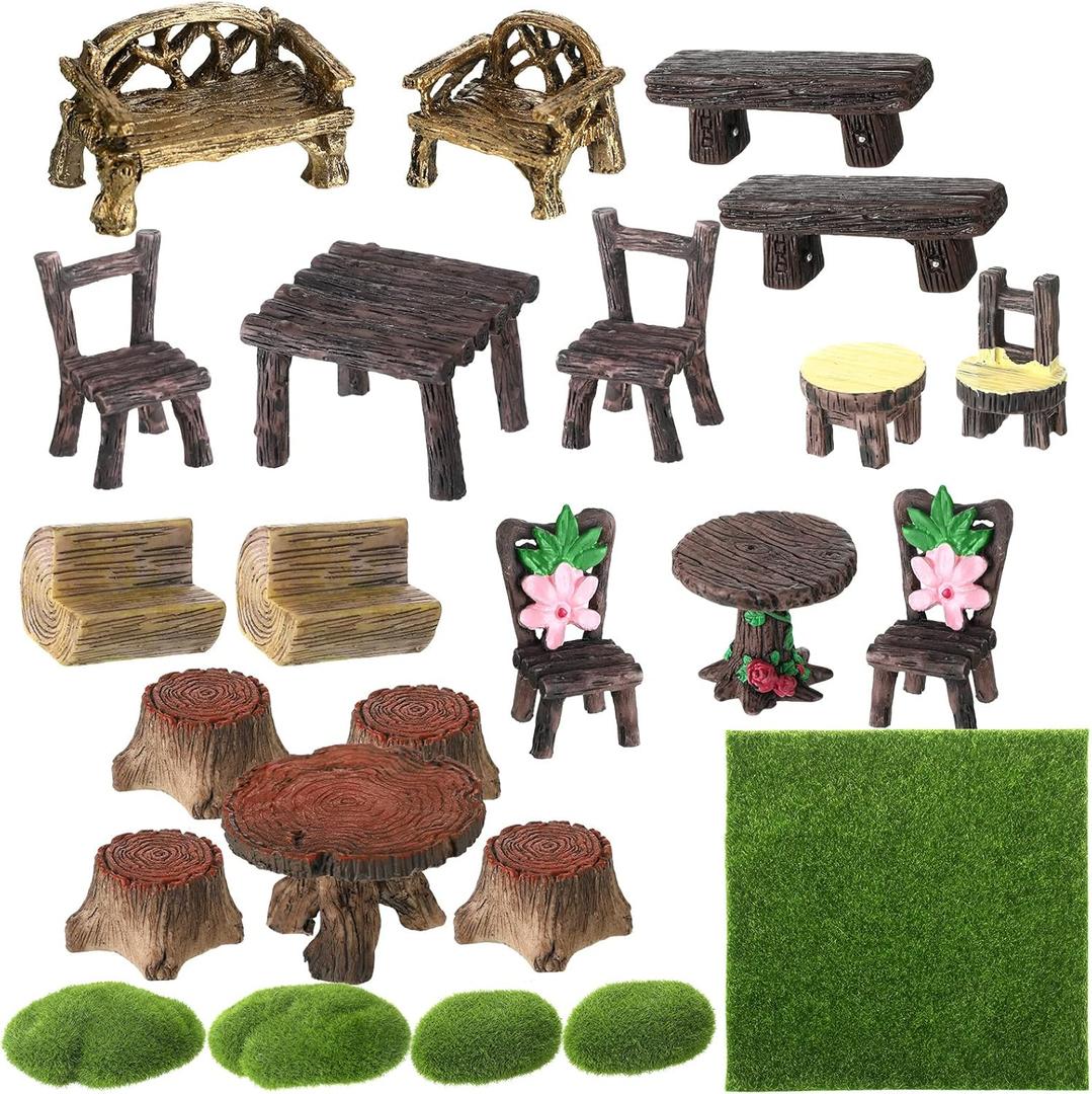 BBTO 24 Pcs Garden Furniture Fairy Mini Architecture Accessories Fairy Miniature Ornaments Artificial Grass and Moss Rocks Kit for Garden House Accessories