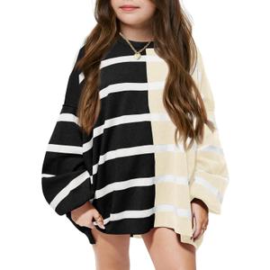 Meikulo Girls Striped Color Block Pullover Sweaters Kids Oversized Fashion Knit Sweater Clothes 5-14 Years, 120