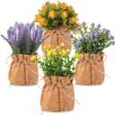 4 Pcs Burlap Bag Vases Fake Flowers Small Artificial Faux Plants for Farmhouse Home Coffee Table Bookshelf Office Desk Decorations Kitchen Dining Room Fake Plants Indoor