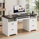 Bestier 59 Computer Desk with 4 Drawers, Office Desk with Storage, Modern Executive Desk with Charging Station, Keyboard Tray & Wooden Pedestals on Both Sides for Home Office & Studio, White