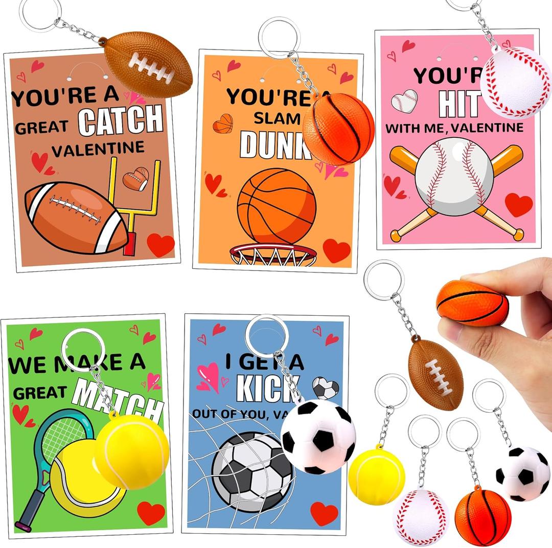 30 Pack Kids Valentines Day Cards with Sport Stress Ball Keychain Valentines Day Gifts for Kids School Valentines for Kid Classroom Gift Exchange Classroom Prizes Valentine Party Favors for Boys Girl