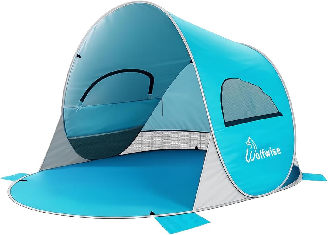 Wolfwise Pop up Beach Tent Sun Shelter with UPF50+ UV Protection, Instant Easy Setup Popup Beach Shade Canopy for 3 Person, Portable & Foldable with Carring Bag, 87 5747 in, Blue