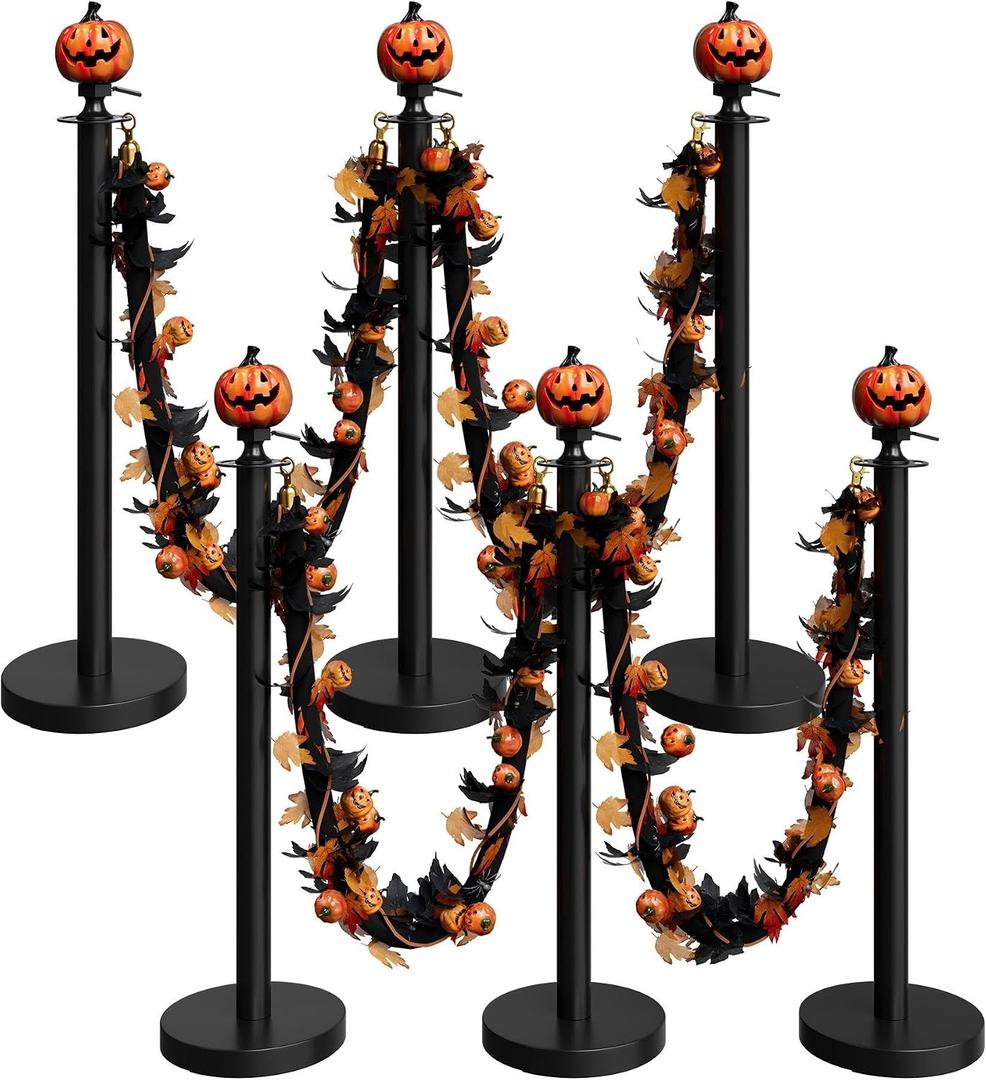 6 Pack Halloween Pumpkin Head Black Stanchions and Velvet Ropes Set, Stainless Steel Crowd Control Barriers, Poles and 4Pcs Black Ropes for Party,Photobooth Accessories, Prom, Halloween Decorations