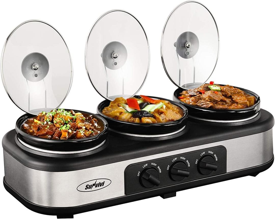 Sunvivi Slow Cooker, Triple Slow Cooker Buffet Server and Food Warmer, 3-Section 1.5-Quart Upgraded Oval Ceramic Pot with Stainless Steel Lid Rests, 3 Spoons, Total 4.5 QT (Black/Silver)