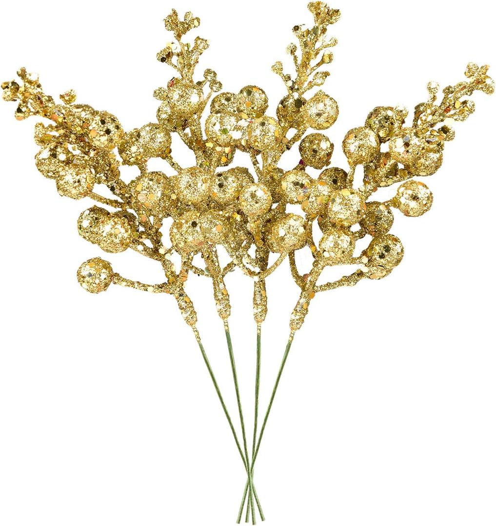 DearHouse 14 Pack Christmas Glitter Berries Stems, 7.8Inch Artificial Christmas Picks for Christmas Tree Ornaments, DIY Xmas Wreath, Crafts, Holiday and Home Decor (Gold)