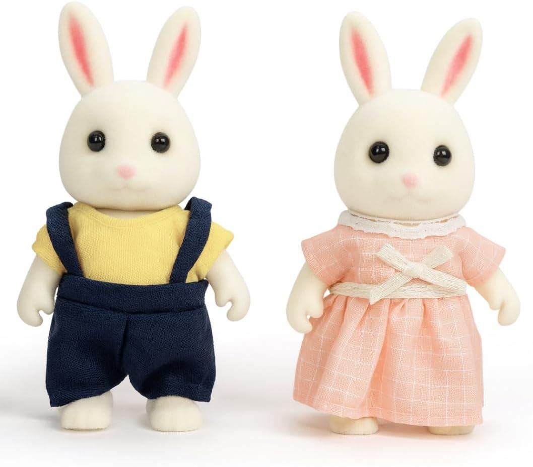 Family Cream Rabbit Figures  Set of 2 Collectible Flocked Mini Dolls with Removable Clothes, Miniature Dollhouse Pretend Play Figures for Kids Ages 3+
