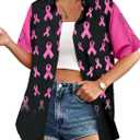 Breast Cancer Awareness Shirts Women: Pink Ribbon Graphic Top Breast Cancer Blouse Short Sleeve Button Down Tops (Small, Black)