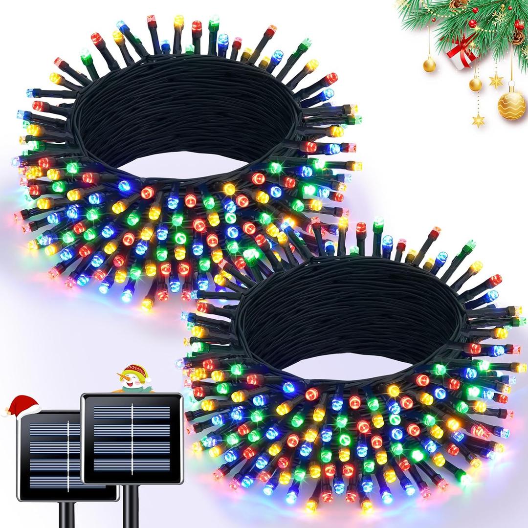 JMEXSUSS 2 Pack Solar String Light 100LED 32.8ft 8 Modes Solar Christmas Lights Waterproof for Gardens, Wedding, Party, Homes, Christmas Tree, Curtains, Outdoors (Multicolor)
