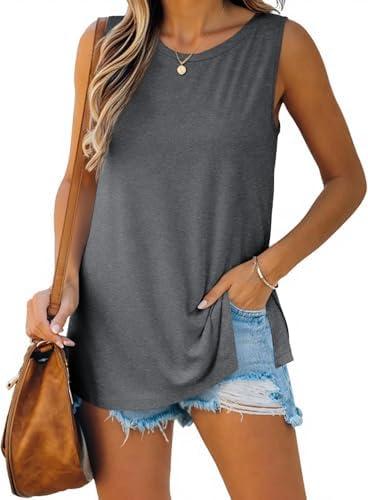 Imily Bela Womens Loose Fit Casual Flowy Tank Tops Crewneck Trendy Sleeveless Side Split Summer Tops Clothes Outfits 2025, M