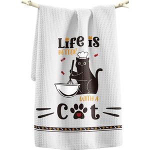 Cat Funny Kitchen Towels - 15x28 Inch Decorative Waffle Microfiber Dish Cloths Cute Absorbent Reusable Hand Tea Towels with Hanging Loop Black Cats Gift for Cat Lovers