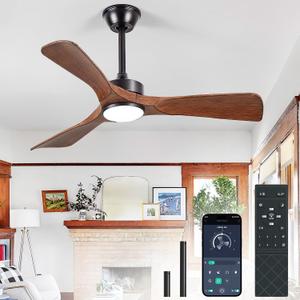 Ceiling Fans with Lights and Remote: 42-Inch Ceiling Fan 3 Blades Low Profile Outdoor - Walnut Ceiling Fans with Remote APP Control Quiet Reversible DC Motor for Patio Living Room