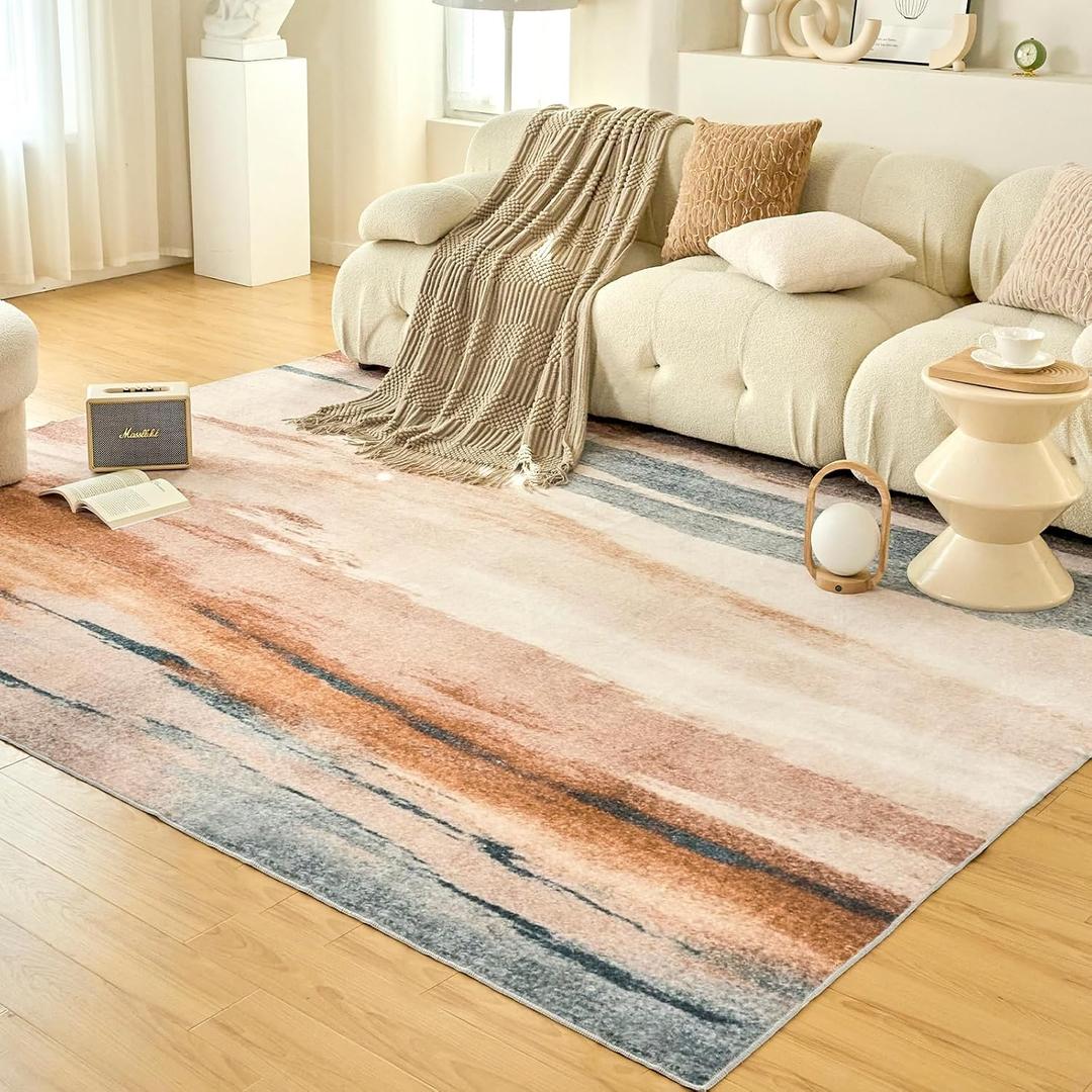 Modern Abstract Area Rug 6x9 - Soft Durable Low-Pile Machine Washable Rug with Non-Slip Backing, Stain Resistant for Living Room, Bedroom, Dining Room, and High-Traffic Areas, Orange