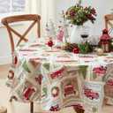 Newbridge Yuletide Christmas Tree Farm Red Barn Truck Vinyl Flannel Back Tablecloth, 70 Inch Round, Nostalgic Holiday Wipe Clean Easy Care Table Cover