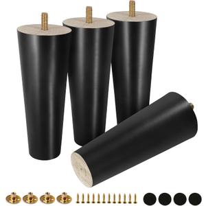 FoDau770 Black Rubber Wood Furniture Legs 6 Inches, Straight Tapered Wood Feet Mid Century Sofa Legs Set of 4, 5/16" UNC Furniture Feet for Cabinet Couch Dresser Chair Ottoman Table