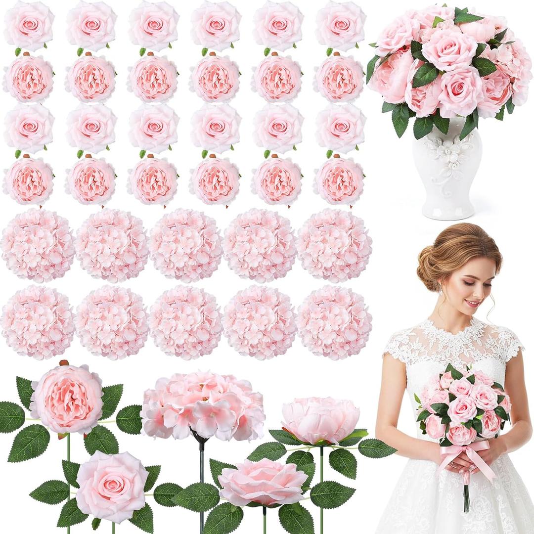 Suncalla 60 Pcs Assorted Silk Artificial Flowers, Faux Fake Full Hydrangea Peony Rose Bouquet with Leaf Stem for Wedding Centerpiece Bridal DIY Craft Baby Shower Party Decor(Pink)