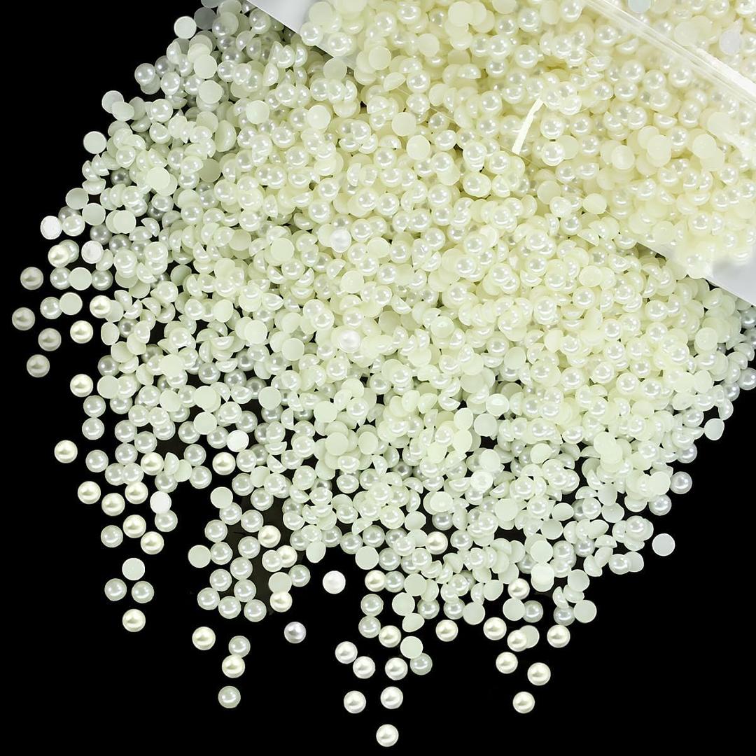 7200PCS 3mm Small Beige White Round Half Round Pearls for Crafting Imitation Loose Flatback Beads Gems for Nails Face Eyes Makeup Wedding Tumblers Bottles Crafts Bedazzling Clothes Shoes Phones