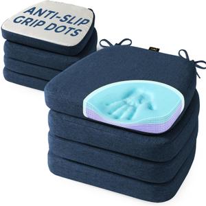 SUNROX Cooling Gel Memory Foam Chair Cushions, 2.6" Thick U-Shaped Dual-Layer Comfort Dining Chair Pads, Non Slip Seat Cushion with Ties for Indoor Kitchen Office 17"x16" Set of 8, Navy, 16x17 Inch