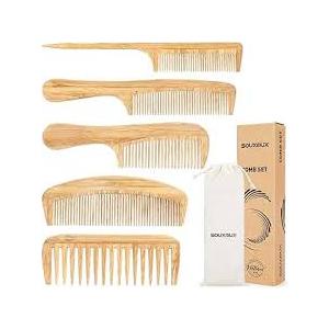 4 Pcs Natural Handmade Bamboo Anti-Static Combs Set - Wide Tooth, Rat Tail and Fine Tooth for Long, Short, Thick, Thin, Wavy or Curly Hair Detangling (Natural)