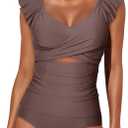 Aleumdr Two Piece Tankini Swimsuits for Women Cutout Tummy Control Bathing Suit Ruffled V Neck Tank Tops with Bottom (Brown, M)