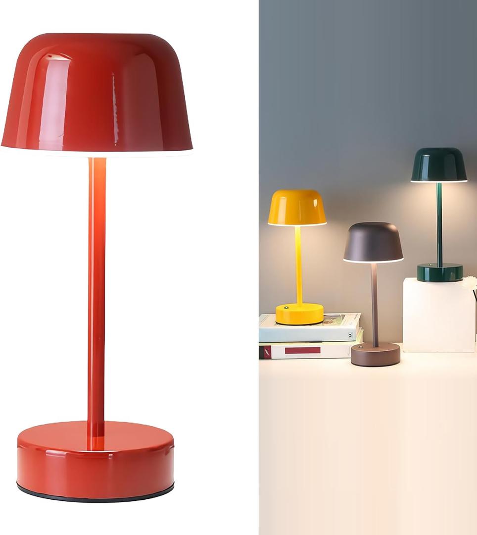 Rechargeable Cordless Mushroom Small Table Lamp with USB Port, Battery Powered Table Lamp Red, Tri Color Dimmable Touch Lamps for Nightstand, Bedroom, Dining Table, Bedside