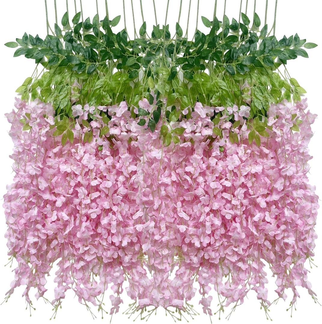 Artificial Wisteria Hanging Flowers Fake Wisteria Flower Garland Silk Vines Rattan Decor for Home Wedding Arch Wall Garden Greenery Bedroom Outdoor Office Party Decoration (12, Light Pink)
