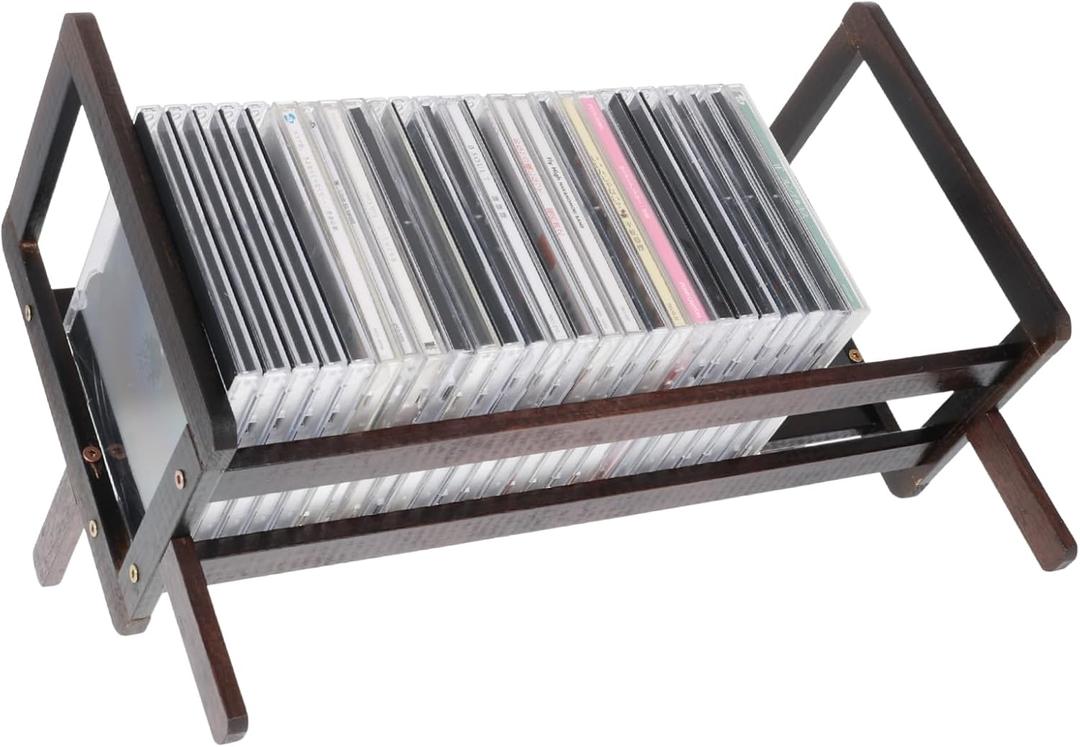 CD/DVD Storage Rack Wooden CD Holder Holds Up to 26 DVD Cases, Rustic Style Desktop Media Organizer Stand, Blu-ray CD Storage Shelf for Video Games, VHS Tapes and Desktop Organization
