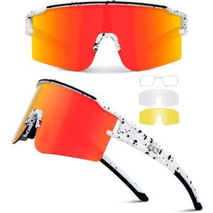 SPOSUNE Polarized Cycling Glasses with 3 Interchangeable Lenses for Women Men, TR90 Sports Sunglasses Running Baseball (3 Lenses-black White/Orange Red)