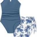 KANGKANG Girls Swimsuit Quick Dry Cut Out One Piece Swimsuits with Tropical Print Cover Up Skirt Bathing Suit Swimwear 7-18Y (13-14 Years, Dark Blue-1)