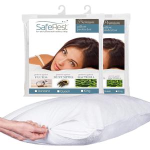 SafeRest Pillow Protector - Pack of 2 - Standard Size Waterproof Pillow Cover - Zippered Pillow Encasement for College Dorm Room, New Home - Cotton Terry, Waterproof, Breathable