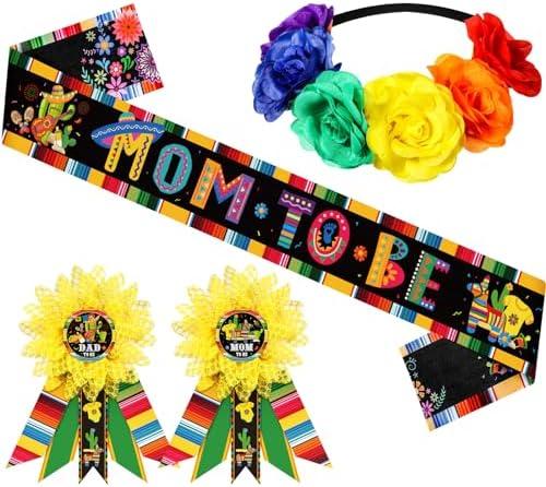 Moucuny 4 Pcs Dad and Mom to Be Decorations, Baby Shower Satin Sash New Mom and Dad Pins Gender Reveal Headband Baby Shower Party Favors for Gender Reveal New Parents Photo Props Supplies (Mexican)