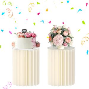 Urban Deco Cylinder Stands for Party, 2PCS 40cm Round Cake Pedestal Stands for Parties, Foldable Cardboard Columns with Acrylic Disc, Cilindros para Fiestas for Birthday Wedding Decoration, White