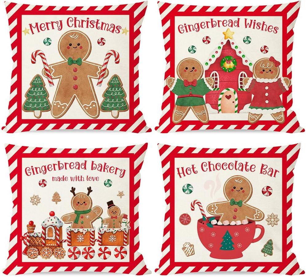 PANDICORN Christmas Pillow Covers 16x16 Set of 4 Gingerbread Man House Candy Cane Christmas Decorations Hot Cocoa Red Green Winter Holiday Decorative Throw Pillow Case for Home Couch Bedroom Decor