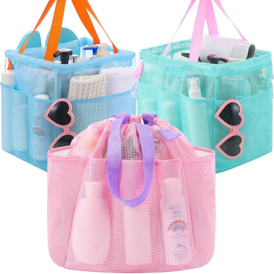 Talltalk 3 Pcs Mesh Shower Caddy Portable with Drawstring Dorm Essentials with 8 Pockets Hanging Shower Caddy Basket Quick Dry Toiletry for College Bathroom, Camping, Swim, Gym (Macarons Color)