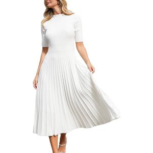 CUPSHE Fall Dresses for Women 2025 Round Neck Half Sleeve Ribbed Knit Pleated A Line Fitted Midi Pullover Sweater Dress (White) S