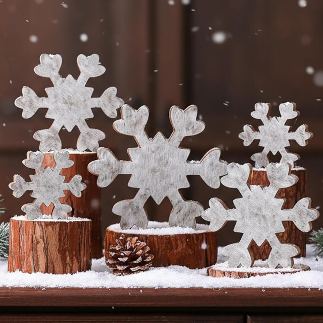 Thyle 5 Pcs Winter Wooden Snowflake Table Decor Snowflake Wonderland Tiered Tray Decor Let It Snow Tabletop Decorations Centerpiece Farmhouse Block Signs for Winter Party Kitchen Home (Farmhouse)