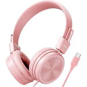 USB Type C Kids Headphones for School, 94dB Volume Limited, Kids Headphones with USB C Cord, HD Stereo Sound, Foldable Lightweight On-Ear USB-C Wired Headphones for Boys/Girls, Light Pink