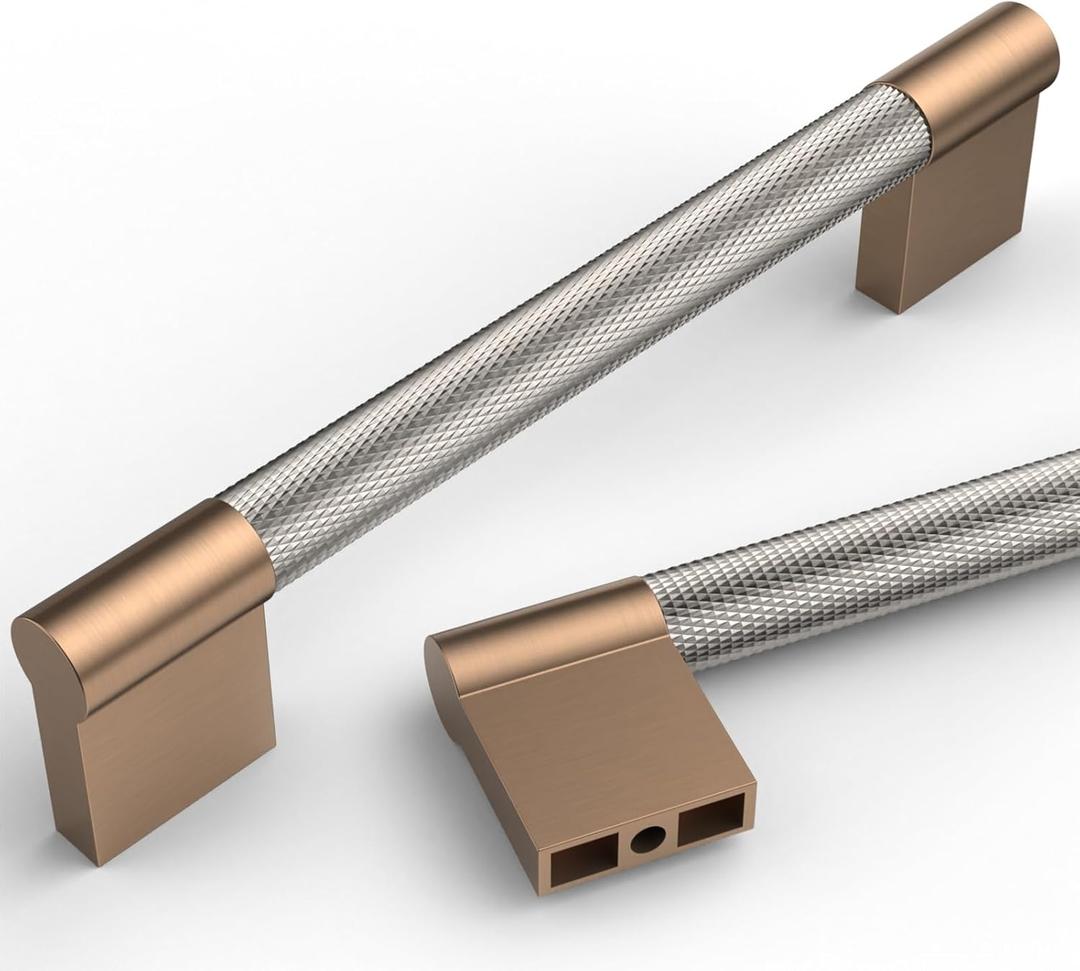 Asidrama 10 Pack 5 Inch(128mm) Satin Nickel and Champagne Bronze Cabinet Pulls Knurled Cabinet Handles Kitchen Cabinet Hardware Cupboard Handles Drawer Pulls (5" Hole Center)