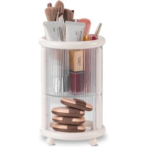 Makeup Brush Holder, 2 Tier Clear Cosmetic Tools Organizer, Round Makeup Organizer for Vanity Countertop (Milky White)