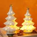 WDS WONDROUS Ceramic Christmas Tree White with Lighted Decor, 2 Pcs Christmas Trees Figurines with Lights, Small Xmas Tree with Star for Tabletop Mantel Shelf Fireplace